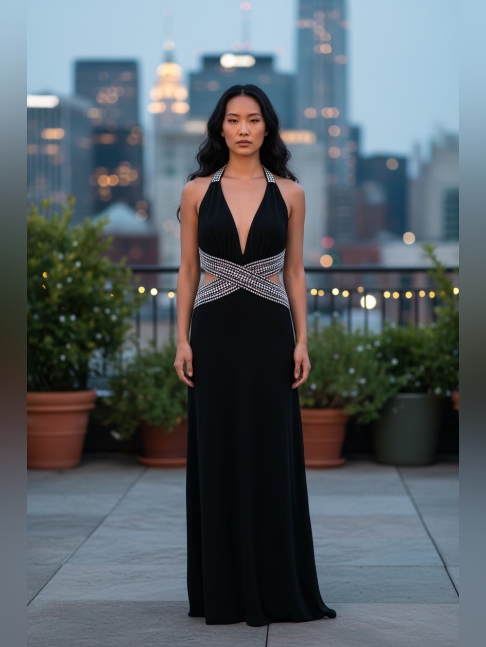Betsy & Adam Elegant Y2K Black Evening Halter Dress with Crystal Waist Detail